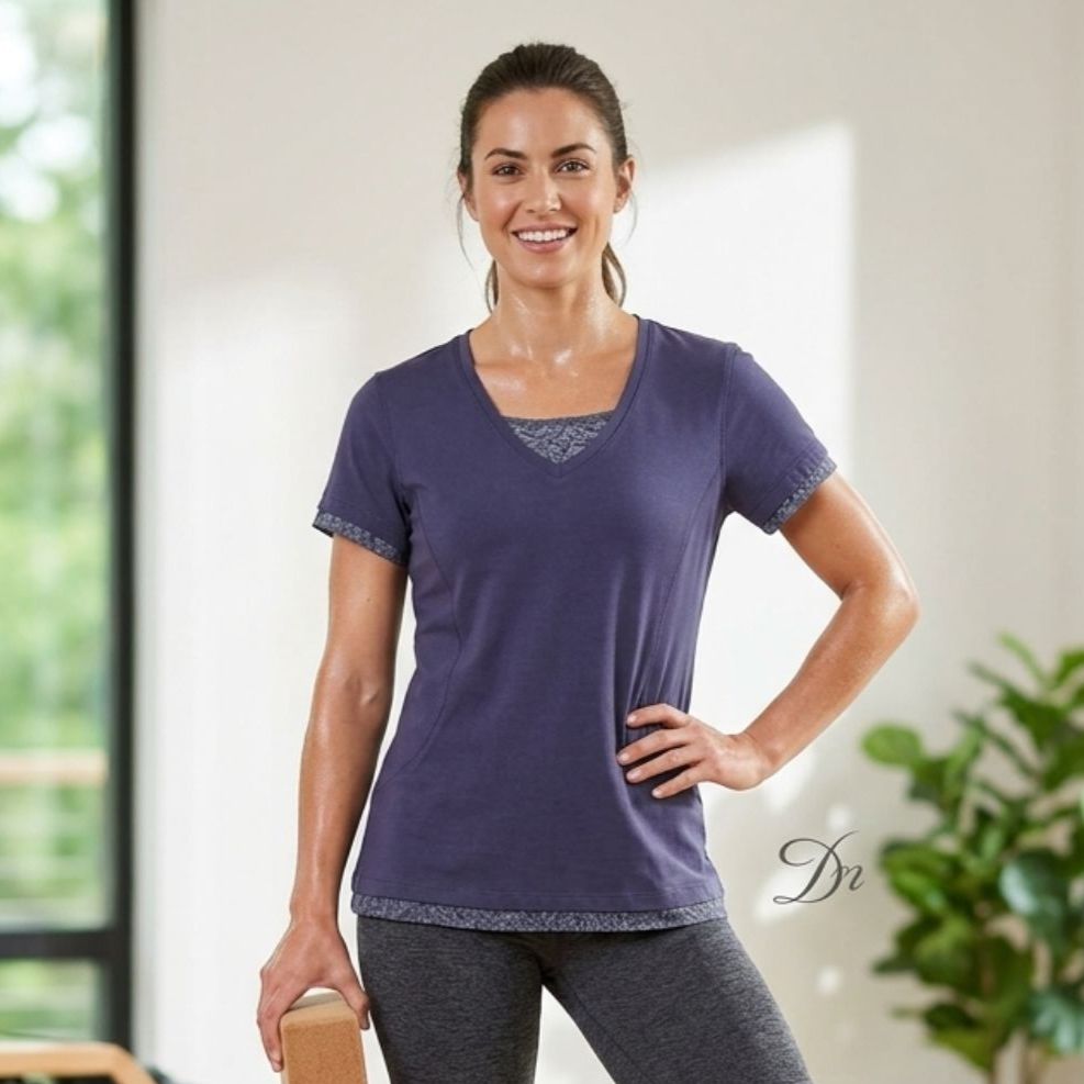 Danskin Now Blue V Neck Short Sleeve Shirt Womens L Activewear T Shirt Yoga